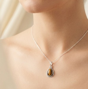 925 Sterling Silver Children's Pear Brown Tiger's Eye Gemstone Pendant Handmade Rope Frame Bezel Charm Rose & Gold Plated Gift - Product Image 2