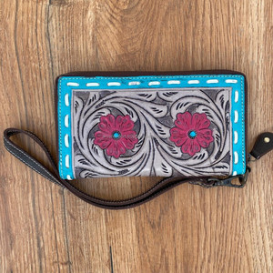 กระเป๋าคลัทช์งานประดิษฐ์ทำจากหนังแท้สำหรับผู้หญิงกระเป๋าสตางค์อเนกประสงค์ลายดอกไม้สีแดง - Product Image 3