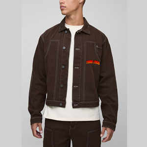 Veste en jean d'hiver 100% coton sur mesure de haute qualité, broderie personnalisée, surpiqûres contrastées, fermeture à bouton unique sur le devant - Product Image 1