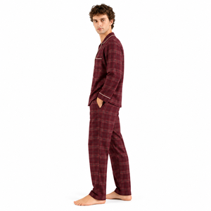 <b>Men</b> Plaid Woven Soft Casual <b>Pajama</b> <b>Set</b> Long Sleeve Button Sleepwear Autumn Warm Loungewear Matching Lounge Pants Maroon - Product Image 2