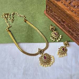 Traditional Attigai Design Women's Wedding Jewelry Set Gold Plated Brass Moissanite Stones Necklace Earring Sets Oxidized Polish - Product Image 1