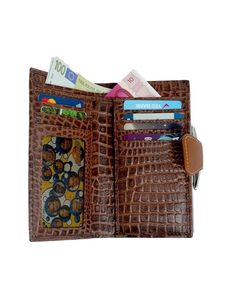 WRIZA Portefeuille-pochette en cuir véritable effet croco pour femme |   Porte-monnaie de voyage marron fin avec 7 emplacements pour cartes et plusieurs compartiments. - Product Image 3