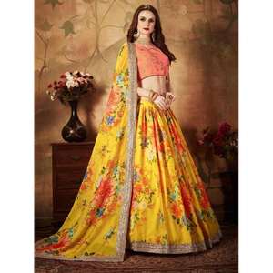 Lehenga choli ผ้าไหมแก้วพิมพ์ลายดิจิทัลสีเหลืองสำหรับงานแต่งงานเสื้อเบลาส์สีส้มกึ่งเย็บ zeel - Product Image 2