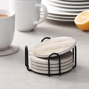 Modern Luxury Round Wood Coaster Set of 6 with Black Metal Holder and 5mm Thickness for Coffee <b>Table</b> Decor and Drink <b>Protection</b> - Product Image 6