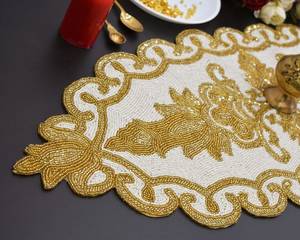Luxury Embroidered Gold Floral <b>Table</b> <b>Runner</b> Polyester Wedding Decor India Made Hand Washable - Product Image 3