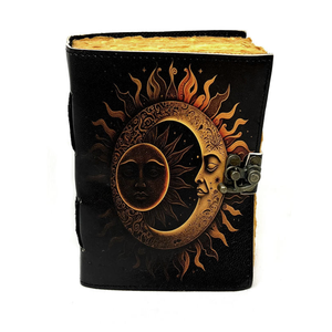Diario Rústico Hecho a Mano de Cuero Genuino con Grabado de Sol y Luna, Papel Vintage con Borde Desflecado, Libro de Hechizos en Blanco para Escribir - Product Image 5