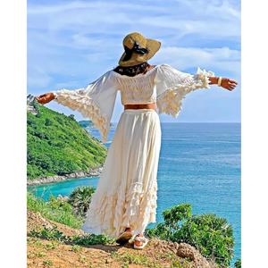 Ensemble deux pièces bohème pour femmes, haut court à épaules dénudées, jupe longue à volants, tenue bohème d'été pour la plage - Product Image 4