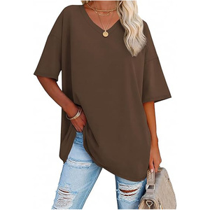 Women V Neck Oversized Solid Color Short Sleeve T-Shirt Loose Fit Casual Style Spring Summer Cotton Jersey <b>Top</b> - Product Image 1