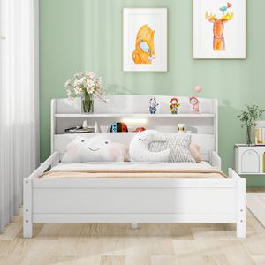 Letto a piattaforma in legno bianco per bambini con luci LED integrate, testiera contenitore e sponda di protezione - Product Image 2