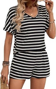 <b>Women's</b> Striped Knitted <b>2</b> <b>Piece</b> Shorts Set V Neck Short Sleeve Loose Fit Casual Spring Summer <b>Outfit</b> With Pockets - Product Image 5