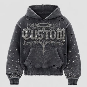 Hoodie Manufacturer Custom Design Oversized Drop Shoulder Boxy Fit Low Rhinestone Hoodie <b>Men</b> Oversized Fit <b>Black</b> Cotton French - Product Image 3