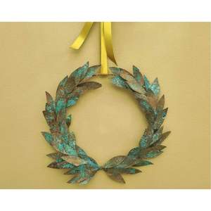 Rustic Verdigris Metal Wreath Handmade Iron Laurel Leaf Garland Aged Copper Patina Front Door <b>Sign</b> Wall Decor - Product Image 1