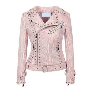 Veste Courte en Cuir Véritable pour Femme, Style Rock, Tendance, Ajustée, avec Rivets aux Épaules et Fermeture Éclair - Product Image 1