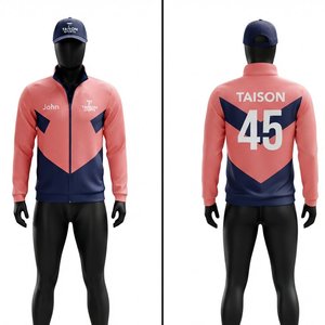 Premium Polyester/Rayon 330g Unisex Cricket Training <b>Jacket</b> Hooded Fleece <b>Coral</b> Navy Solid Custom Heat Transfer Logo Name Number - Product Image 1