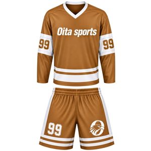 ชุดฮอกกี้น้ำแข็งสีน้ำตาลอ่อนสำหรับผู้ชาย เสื้อเจอร์ซีย์ กางเกงขาสั้น โพลีเอสเตอร์ ลายทาง ชุดกีฬา ชุดทีม ชุดฝึกซ้อมประสิทธิภาพสูง - Product Image 1
