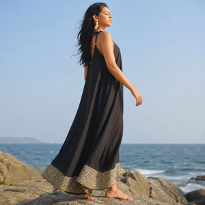 Women's <b>Black</b> Boho <b>Kaftan</b> Maxi <b>Dress</b> V-Neck Batwing Sleeves Contrast Hem 100% Cotton Breathable Lightweight Summer Beach Casual - Product Image 3