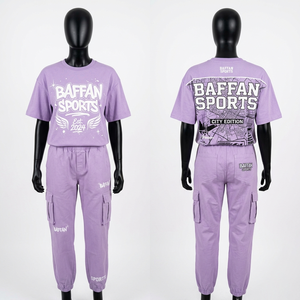 Conjunto de Camiseta y Pantalones Cargo de Felpa de Algodón Premium de 240 GSM, Color Lavanda, con Serigrafía de Logotipo Personalizado, Ropa Urbana para Mujer - Product Image 4