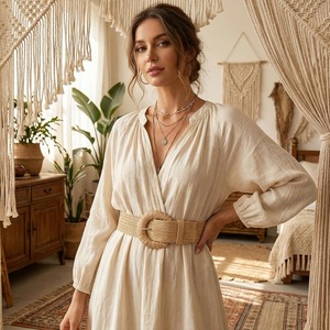 Ceinture élastique en paille tressée pour femmes, large et réglable, avec boucle ronde, pour robe ou tenue de plage - Product Image 3