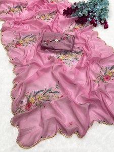 Sari de Seda con Estampado Floral, Lentejuelas, Bordado Katdana Hecho a Mano, Blusa Jalpari de Diseñador, Sin Arrugas, Largo hasta el Suelo, para Bodas y Fiestas - Product Image 3