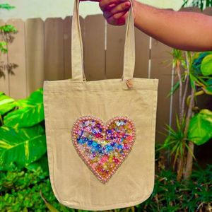 Bolsa de Mano de Lona de Algodón Premium con Forma de Corazón, Bordado de Lentejuelas y Cuentas, Bolso de Hombro Reutilizable para Compras, Uso Diario para Mujeres - Product Image 1