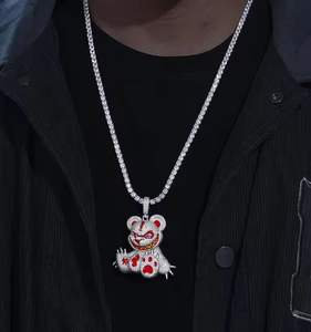 Collar con Colgante de Oso de Dibujos Animados con Incrustaciones de Diamantes, Ojo Rojo, Estilo Hip Hop, Cadena de Tenis, Joyería para Hombres y Mujeres - Product Image 1