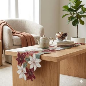 Embroidered Floral <b>Table</b> <b>Runner</b> Red White Cloth Classic Home Decor Washable - Product Image 2
