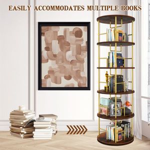 Libreria Girevole a 5 Ripiani in Legno e Metallo, Espositore Rotante a 360° per Libri - Product Image 6