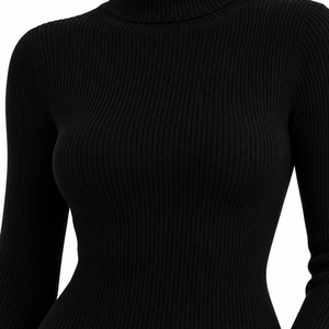 Top de punto acanalado negro de cuello alto para mujer, manga larga acampanada, ajuste ceñido, jersey casual de moda para otoño e invierno - Product Image 4