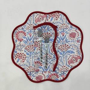 <b>Round</b> scalloped botanical Placemat Block Print fabric <b>table</b> <b>mat</b> easy care machine washable rustic kitchen decor dining <b>mat</b> set - Product Image 4