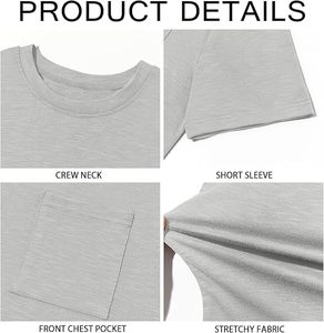T-shirt gris à manches courtes pour homme, col rond, coupe classique, en jersey de coton, couleur unie, décontracté, avec poche sur le devant - Product Image 5