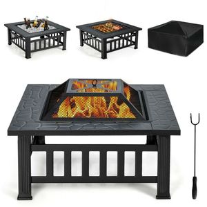 32-Inch 3-in-1 Square Fire Pit <b>Table</b> with <b>BBQ</b> Grill and Rain Cover for Outdoor Camping - Product Image 3