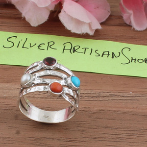Bague de mariage côtière pour femme en argent sterling 925 avec sertissage clos corail turquoise et pierres précieuses multiples, vente en gros - Product Image 3