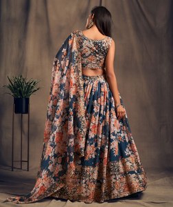 Floral Print Bridesmaid <b>Lehenga</b> Set Sleeveless Scoop Neck Blouseh Dupatta Floor-Length A-Line Chiffon Wedding Party Dress - Product Image 5