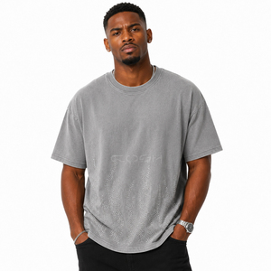 Cosh International New Arrival Men's Oversized Grey Rhinestone <b>Flame</b> T <b>Shirt</b> Vintage Washed Cotton Hip Hop Streetwear - Product Image 3