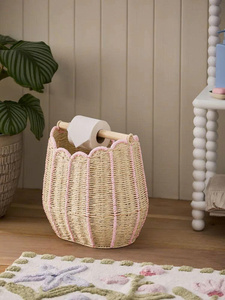 Elegant Pink Scallop Weave Toilet Roll Holder and <b>Storage</b> <b>Wicker</b> Paper Rope <b>Storage</b> <b>Basket</b> With Pink Line For Bathroom - Product Image 2