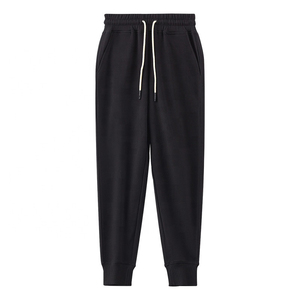 Ensemble de survêtements noirs pour hommes, taille élastique, cordon de serrage, poches, tenue décontractée d'automne, 100% coton, tricoté mi-lourd, style jogger - Product Image 2