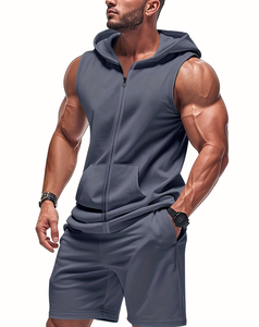 Men's Solid Hooded Sleeveless Vest Shorts Set Gray Cotton French Terry Summer Casual Breathable Sport Outfit 2Pcs Made - Product Image 1