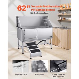 62-Inch Stainless Steel <b>Dog</b> Washing Station with <b>Ramp</b> PE Water Filter Board Faucet Showerhead Soap Holder Pet Grooming Tub - Product Image 2