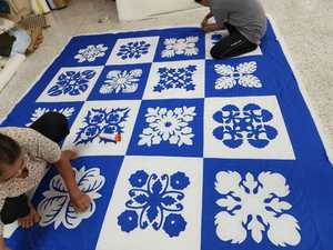 Royal Hawaiian Hand Applique Quilt Block Coastal Blue White Heirloom Bedding Custom <b>Queen</b> California King Tropical Bedroom Decor - Product Image 1