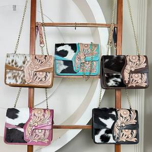 Custom Handmade Hair On Genuine Cowhide Leather Crossbody Bag Western Floral Design Tooled Luxury Women's Messenger Handbag - Product Image 4