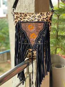 New Best Seller Hand Tooled Leather Western Women Crossbody Purse Hair on Cowhide Fringe Conceal Carry Handbag Buck Stitch Purse - Product Image 5