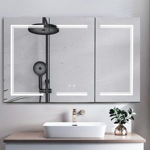 Specchio LED FCH 48*28 pollici con 1 porta, 2 strati, antiappannamento, illuminazione a tre colori con regolazione della luminosità, memoria di potenza, 2 porte. - Product Image 1