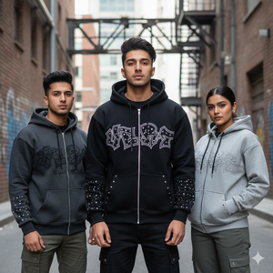 Sweat-shirts à capuche zippés personnalisés OEM, qualité supérieure, prix abordables, 100% coton molletonné épais, broderie vieillie et strass - Product Image 1