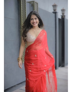 KV Cerise <b>Red</b> Chiffon Work Saree With Unstitched <b>Blouse</b> - Product Image 1
