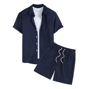 Ensemble chemise décontractée d'été pour homme en tissu tricoté 100 % coton, coupe moderne et short assorti pour le streetwear et le style quotidien - Product Image 1