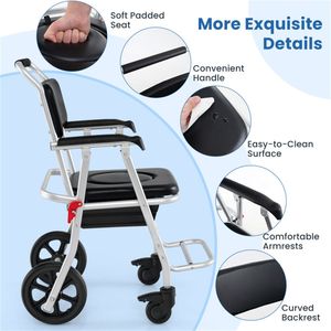 Sedia a rotelle comoda 4-in-1 per anziani, in alluminio antiruggine da 10 pollici, manuale, pieghevole, per letto/doccia/sedile WC rialzato, capacità 330 libbre - Product Image 4