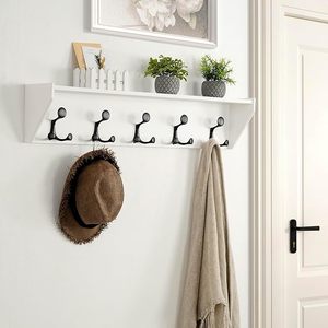 Porte-manteau mural en bois massif blanc et métal avec 5 crochets - Product Image 1