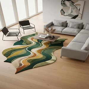 Contemporary Irregular Shape Rug Abstract Green <b>Brown</b> Wave Pattern Hand Tufted Soft Plush Carpet Home Living Room Bedroom Decor - Product Image 5