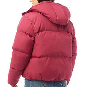 Women's Red Quilted Puffer Jacket Hooded Detachable Hat Winter Short Length Full Sleeve Polyester Wadding <b>Zipper</b> Closure - Product Image 3