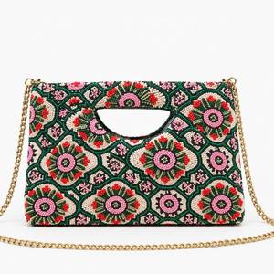 Women's Vintage Beaded Floral Envelope Clutch <b>Handbag</b> With <b>Gold</b> Chain Strap - Product Image 6